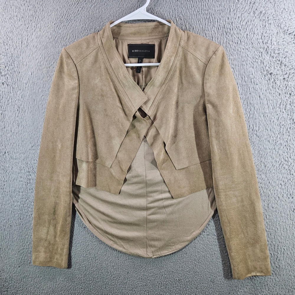 BCBGMAXAZRIA Tan Faux Suede Draped Cowl Back Open Front Jacket Small
